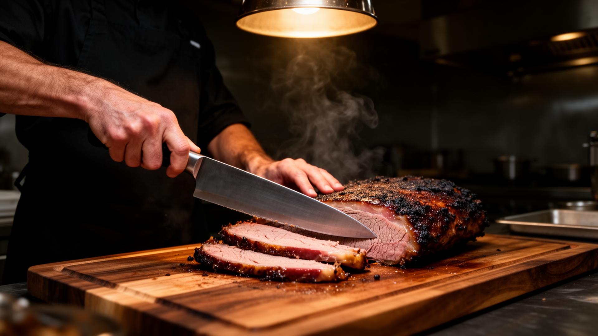 Butcher hand-slicing a smoked brisket under warm light