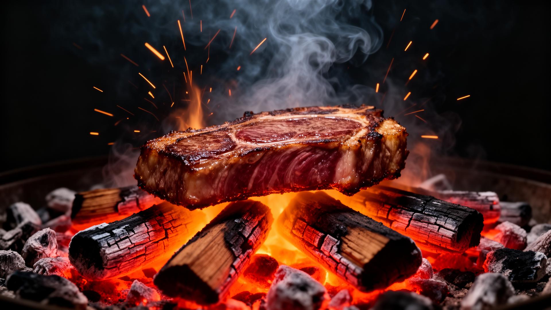 Thick ribeye steak searing on glowing wood coals with sparks and smoke